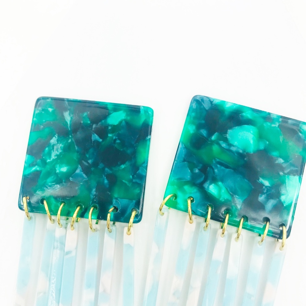 Square Earrings in Green with Blue Fringe - Picture 4 of 7